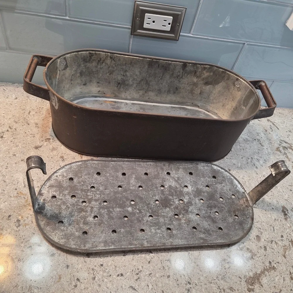 Antique Copper Oval Fish Poacher Fitted Lid Perforated Insert Farmhouse Patina